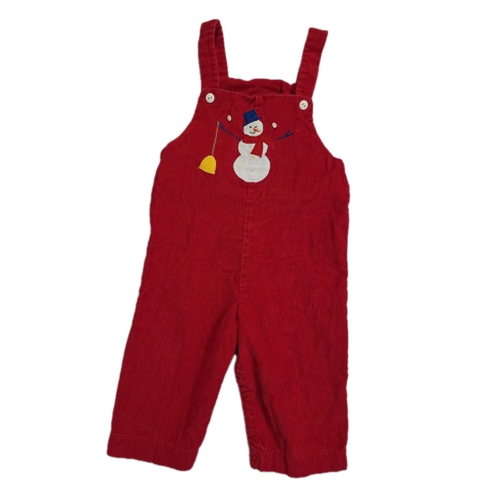 VTG Patsy Aiken Baby Red Corduroy Snowman Overalls Romper Size 18M